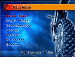 Title screen of Motocross Mania on the Sony Playstation.
