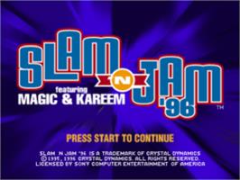 Title screen of Slam 'N Jam '96 featuring Magic and Kareem on the Sony Playstation.