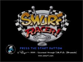 Title screen of Smurf Racer on the Sony Playstation.
