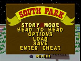 Title screen of South Park: Chef's Luv Shack on the Sony Playstation.