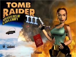 Title screen of Tomb Raider III: Adventures of Lara Croft on the Sony Playstation.