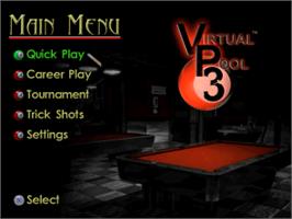 Title screen of Virtual Pool 3 on the Sony Playstation.