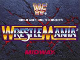 Title screen of WWF Wrestlemania: The Arcade Game on the Sony Playstation.