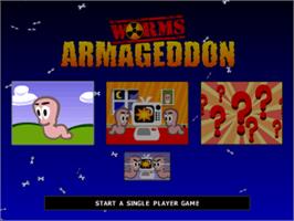 Title screen of Worms Armageddon on the Sony Playstation.