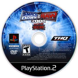 Artwork on the Disc for WWE Smackdown vs. Raw 2008 on the Sony Playstation 2.