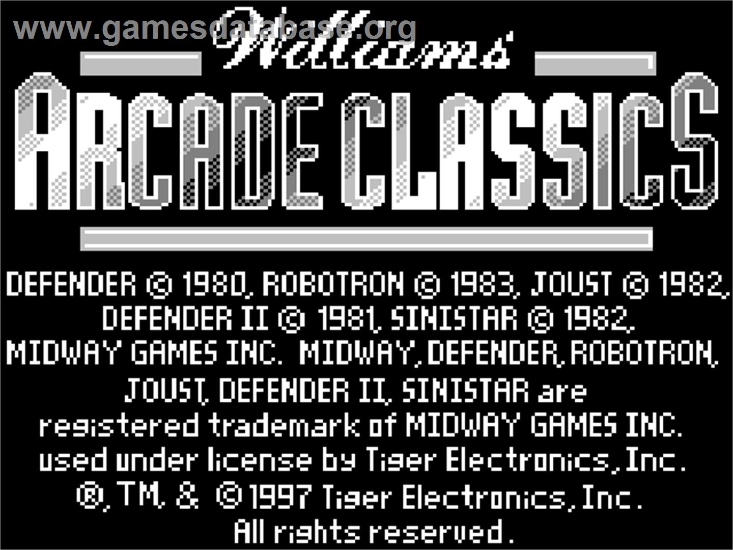 Williams Arcade Classics - Tiger Game.com - Artwork - Title Screen