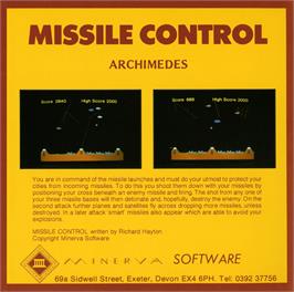 Box back cover for Missile Control on the Acorn Archimedes.