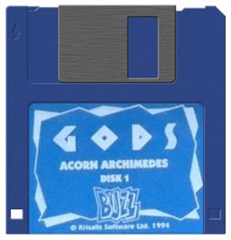 Cartridge artwork for Gods on the Acorn Archimedes.