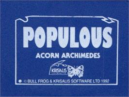 Top of cartridge artwork for Populous on the Acorn Archimedes.