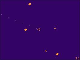 In game image of Asteroids on the Acorn Atom.