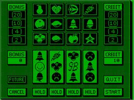 In game image of Smiley's Fruitmachine on the Acorn Atom.