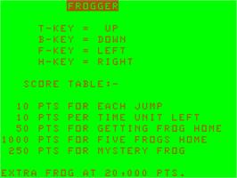 Title screen of Frogger on the Acorn Atom.