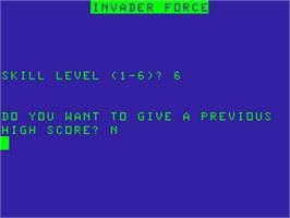 Title screen of Invader Force on the Acorn Atom.