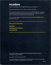 Box back cover for Arcadians on the Acorn BBC Micro.