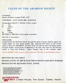 Box back cover for Tales Of The Arabian Nights on the Acorn BBC Micro.