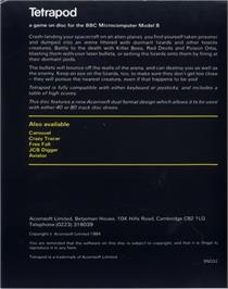 Box back cover for Tetrapod on the Acorn BBC Micro.