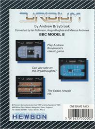 Box back cover for Uridium on the Acorn BBC Micro.
