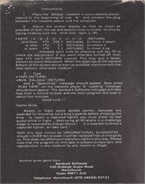 Box back cover for Zalaga on the Acorn BBC Micro.