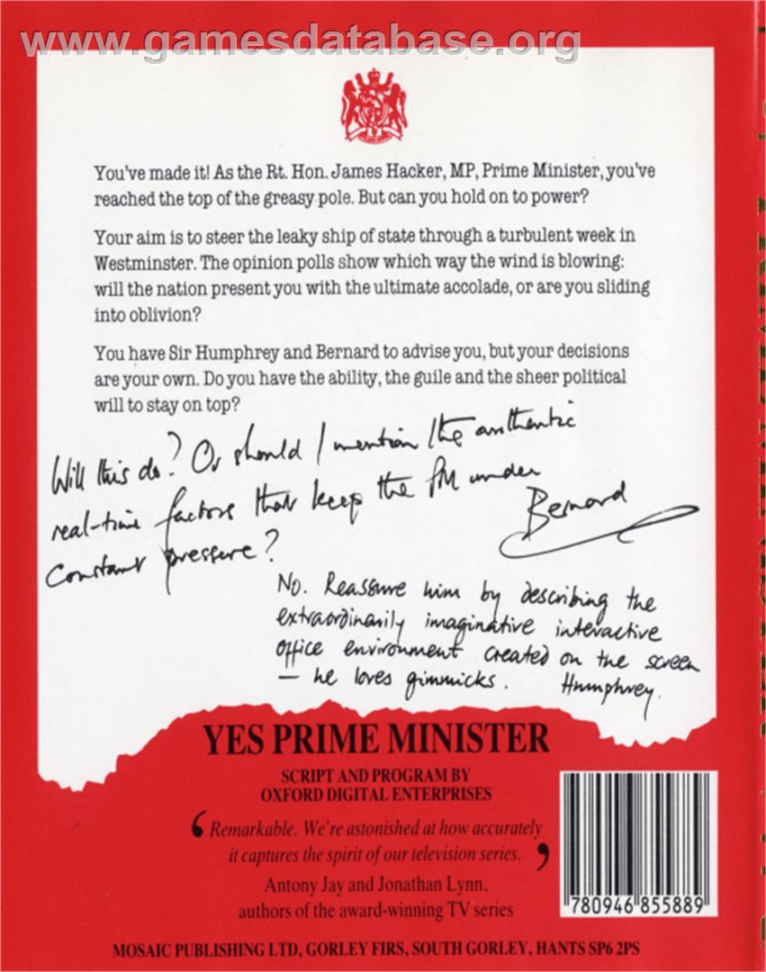 Yes Prime Minister - Acorn BBC Micro - Artwork - Box Back