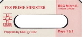 Top of cartridge artwork for Yes Prime Minister on the Acorn BBC Micro.