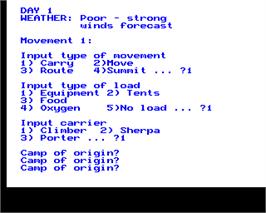 In game image of Conquering Everest on the Acorn BBC Micro.