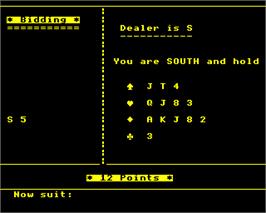 In game image of Contract Bridge on the Acorn BBC Micro.