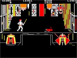 In game image of Jedi Battle on the Acorn BBC Micro.