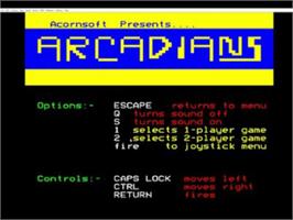 Title screen of Arcadians on the Acorn BBC Micro.