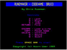 Title screen of Runemaker - Codename Druid on the Acorn BBC Micro.