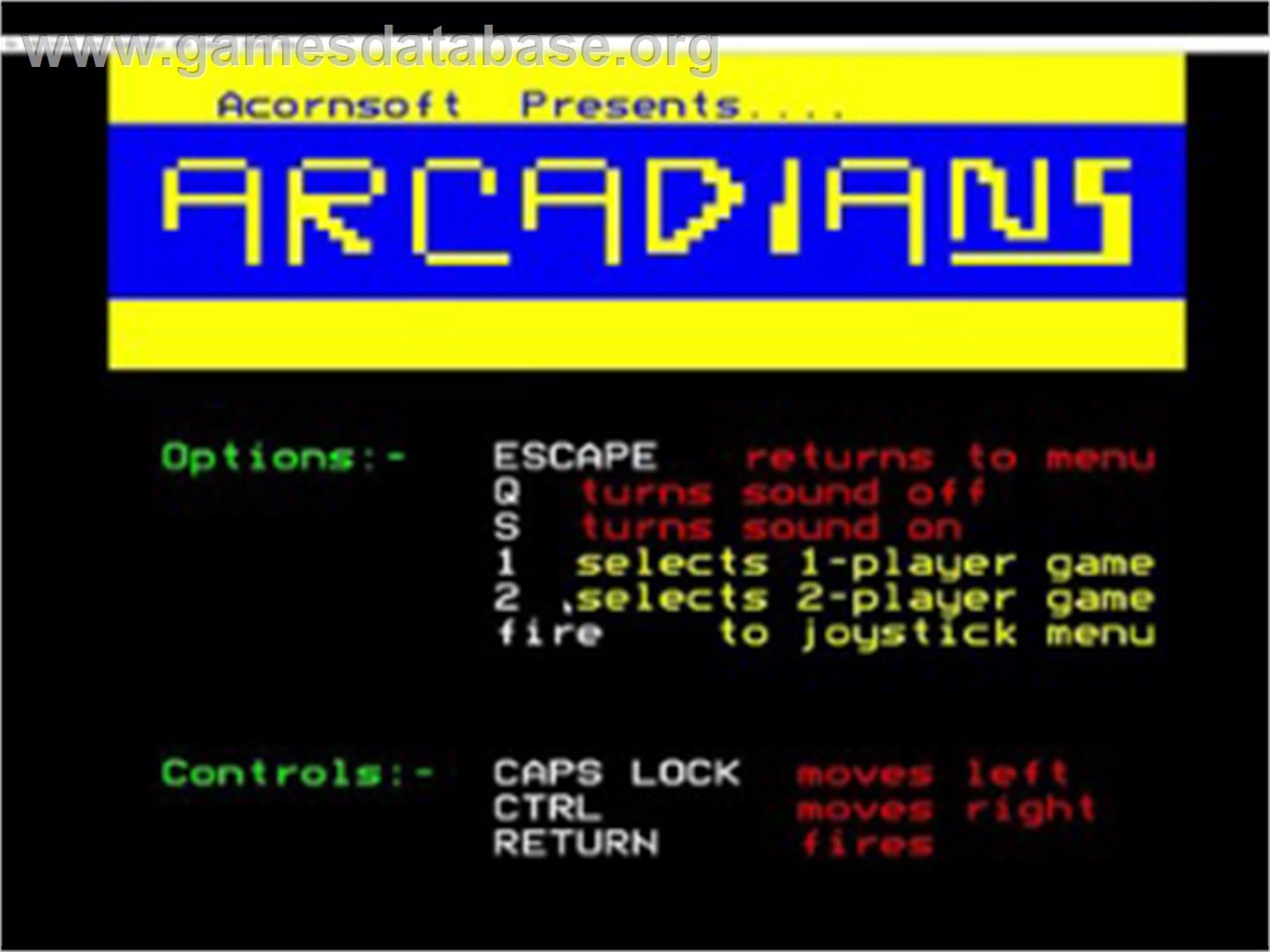 Arcadians - Acorn BBC Micro - Artwork - Title Screen