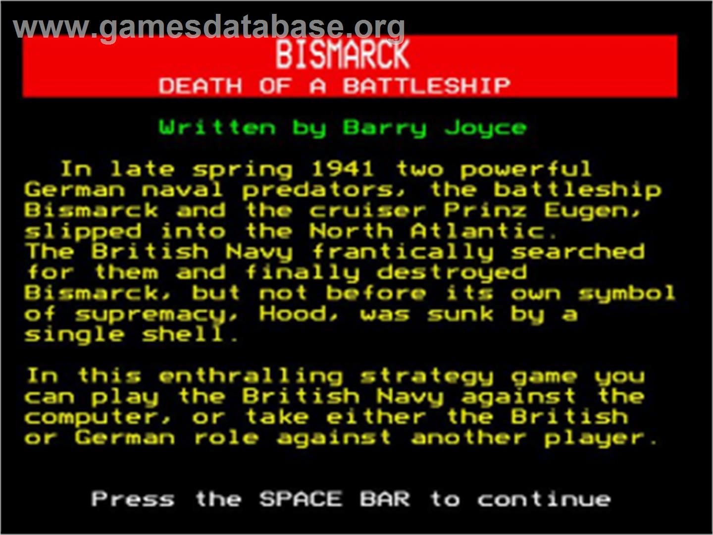 Bismarck - Death of a Battleship - Acorn BBC Micro - Artwork - Title Screen