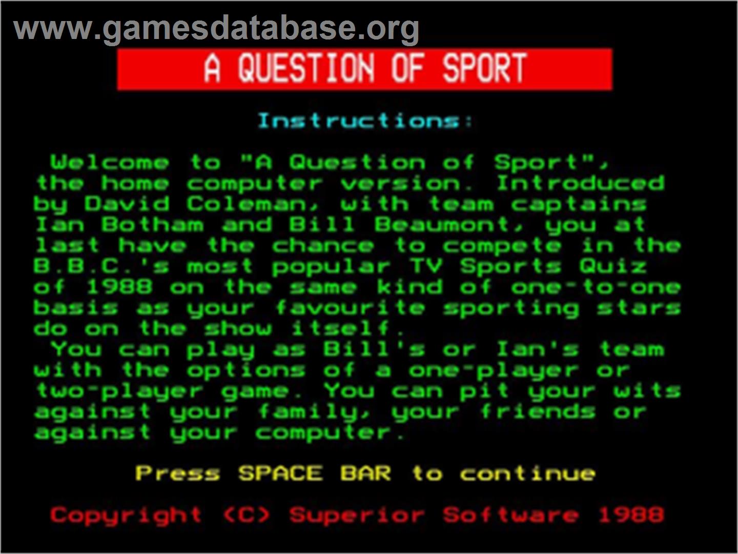 Question Of Sport, A - Acorn BBC Micro - Artwork - Title Screen