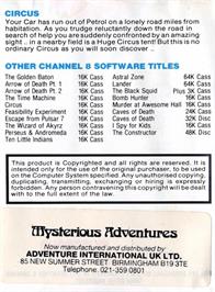 Box back cover for Circus (Mysterious Adventures) on the Acorn Electron.