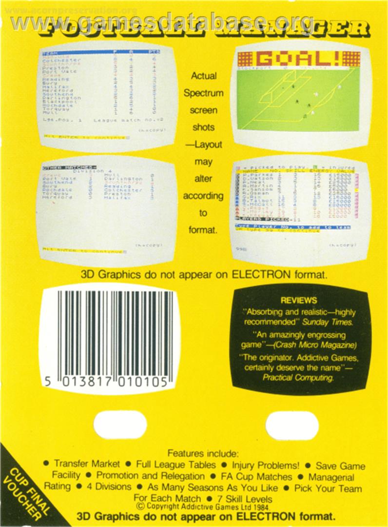 Football Manager - Acorn Electron - Artwork - Box Back