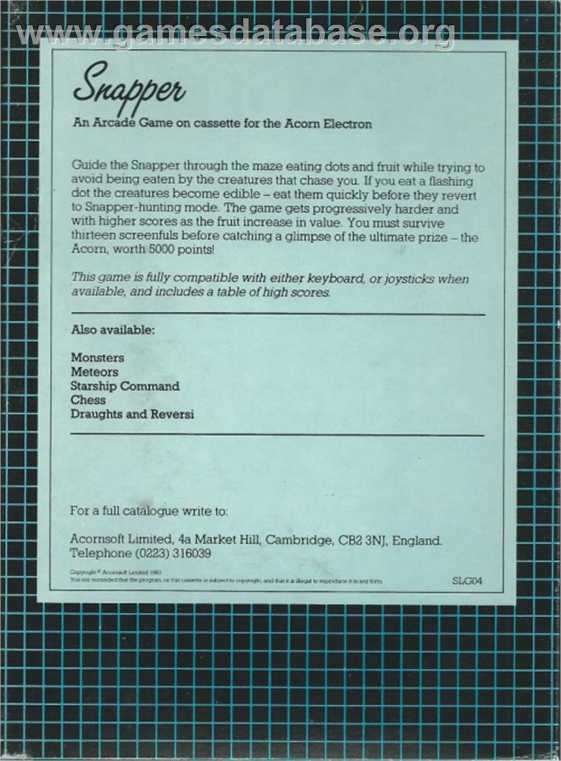 Snapper - Acorn Electron - Artwork - Box Back