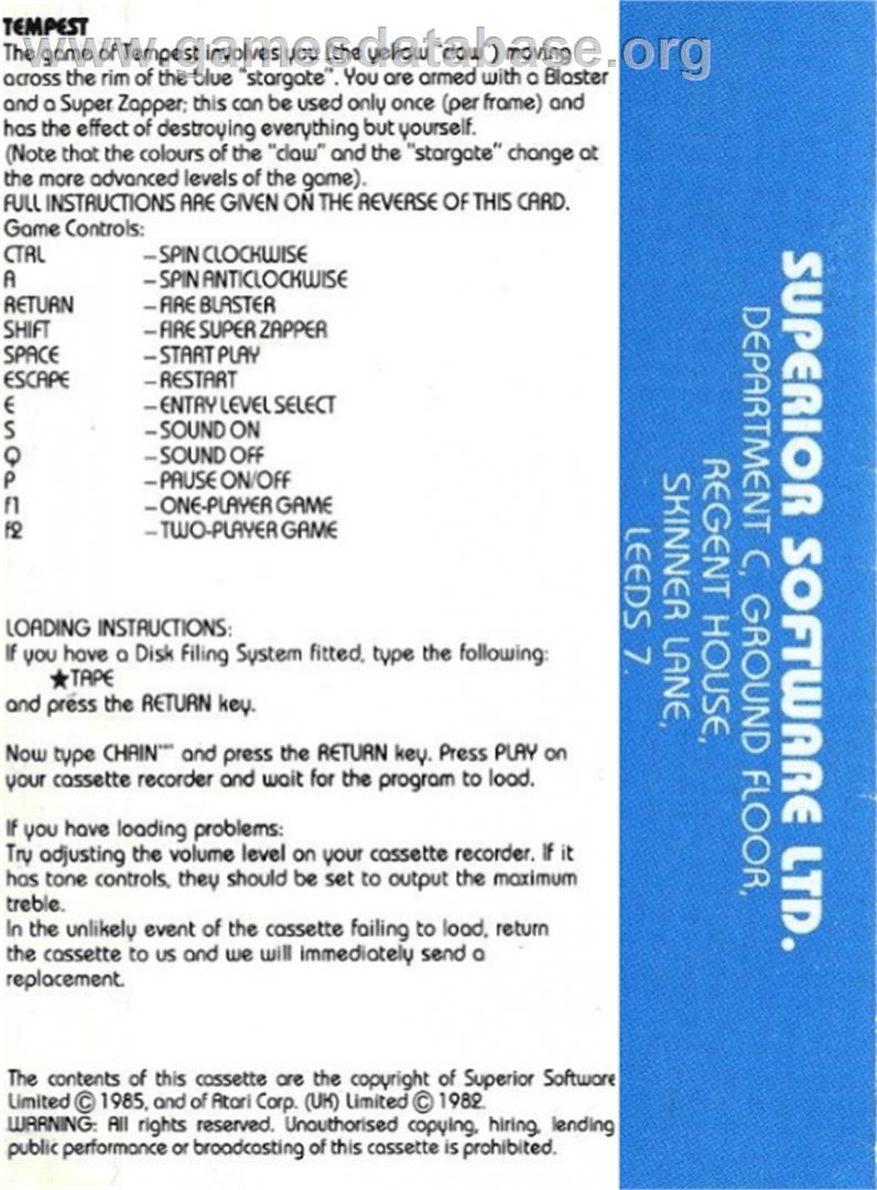 Tempest - Acorn Electron - Artwork - Box Back