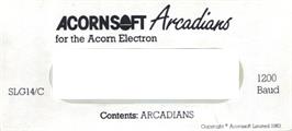 Top of cartridge artwork for Arcadians on the Acorn Electron.