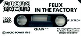 Top of cartridge artwork for Felix In The Factory on the Acorn Electron.