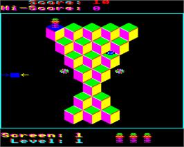 In game image of Q-Bix on the Acorn Electron.