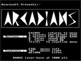 Title screen of Arcadians on the Acorn Electron.