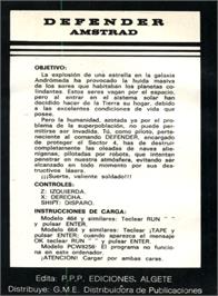 Box back cover for Defender on the Amstrad CPC.