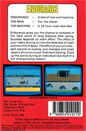 Box back cover for Endurance on the Amstrad CPC.