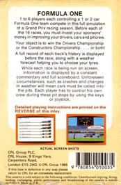 Box back cover for Formula One on the Amstrad CPC.
