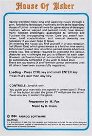 Box back cover for House Of Usher on the Amstrad CPC.