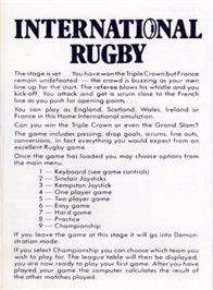Box back cover for International Rugby on the Amstrad CPC.