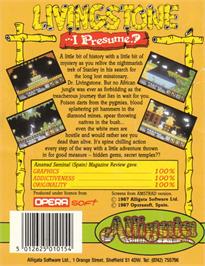 Box back cover for Livingstone, I Presume on the Amstrad CPC.