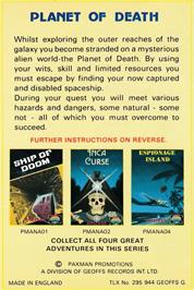 Box back cover for Planet Of Death on the Amstrad CPC.