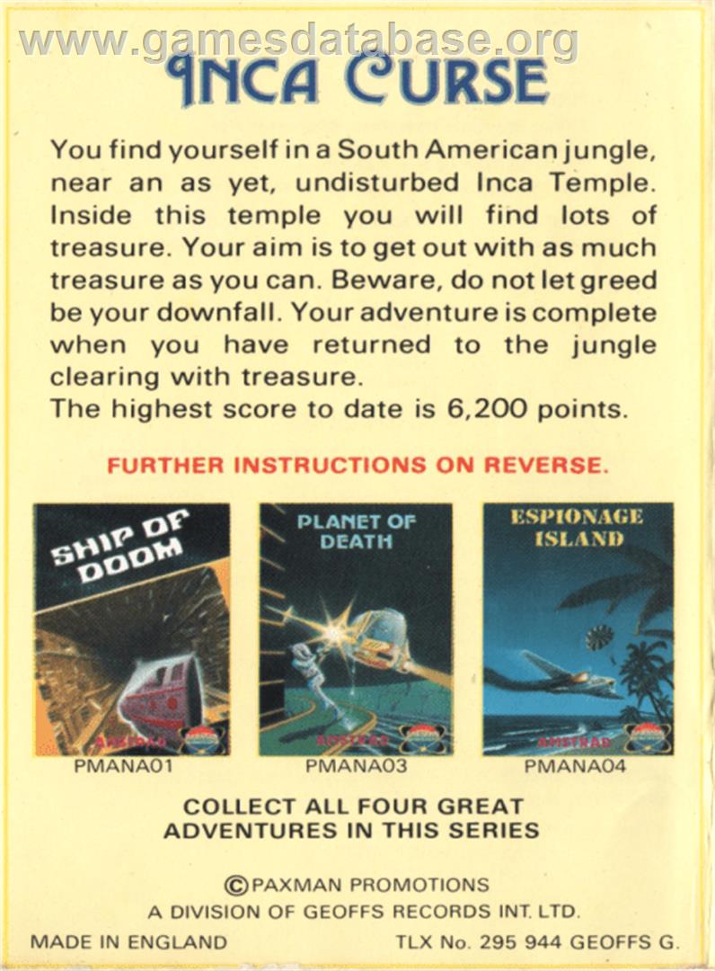 Adventure B: Inca Curse - Amstrad CPC - Artwork - Box Back