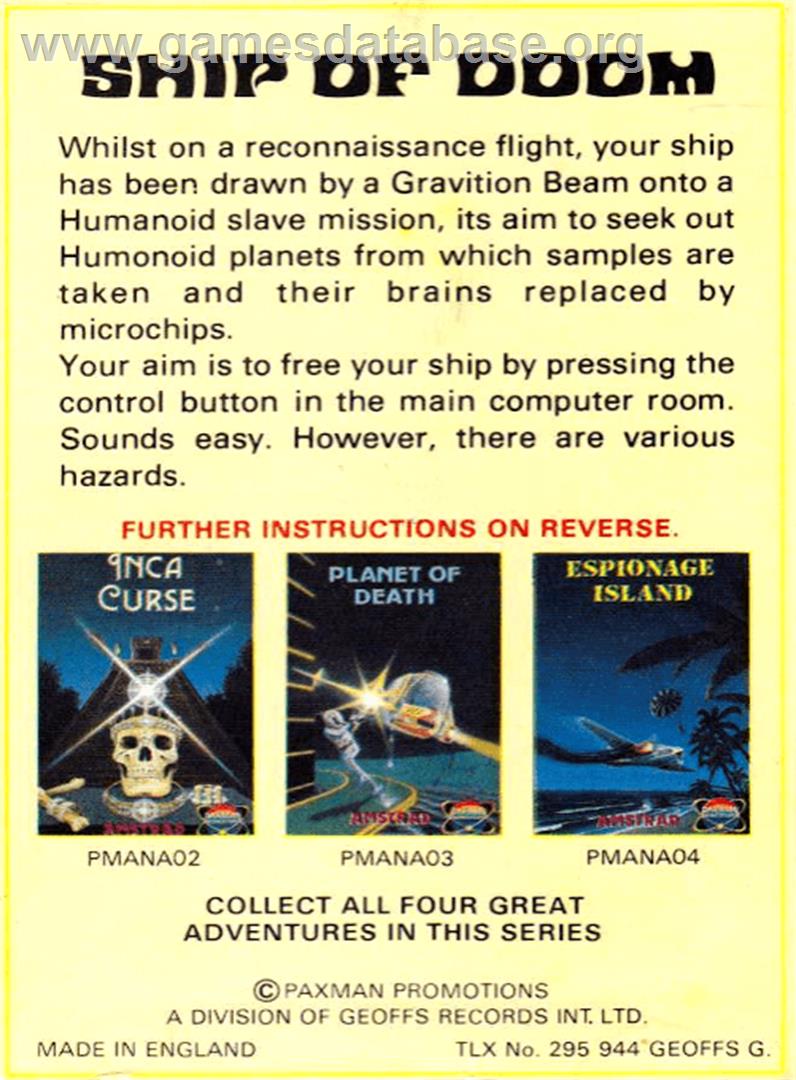 Adventure C: Ship Of Doom - Amstrad CPC - Artwork - Box Back