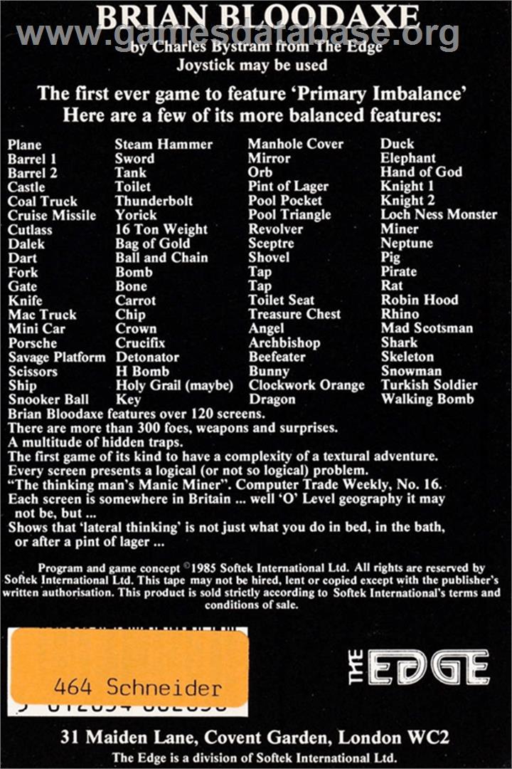 Brian Bloodaxe - Amstrad CPC - Artwork - Box Back